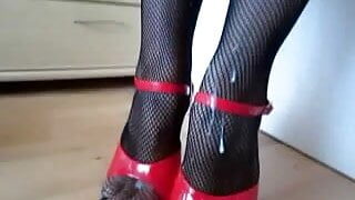 fishnet red plateau high heels and so much cum